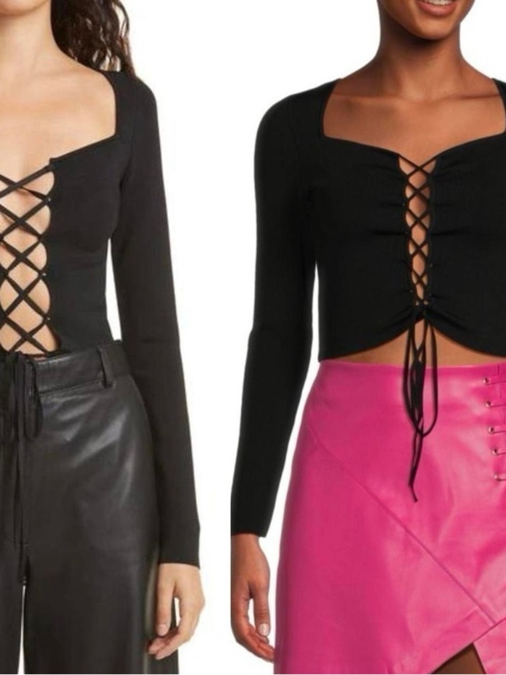 Alice + Olivia- Hilaria Black Lace-Up Long Sleeve Cropped Top